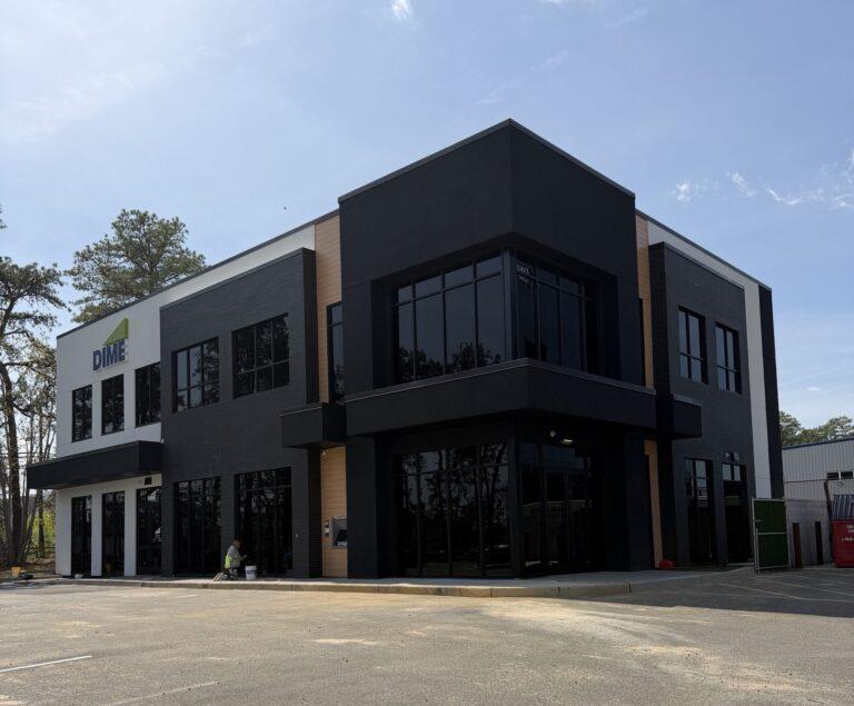 Corner curtain wall and storefront entrances on a new bank branch by Pexic Windows