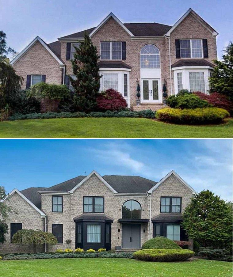 Before and after: brick colonial updated with black windows, bay windows and front door by Pexic Windows